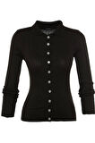 Kadın Moda Şık Regular Polo Yaka Slim Fitilli Polo Yaka Triko Hırka