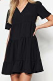 Yeni Regular Casual Günlük Aerobin Dokuma V Yaka Kısa Kol Shift Mini Boy Elbise
