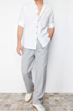 Erkek Moda Uzun Kol Dokuma Koyu Lacivert Slim Fit Basic Hakim Yaka Apoletli %100 Pamuklu Gömlek