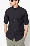 Erkek Moda Uzun Kol Dokuma Koyu Lacivert Slim Fit Basic Hakim Yaka Apoletli %100 Pamuklu Gömlek