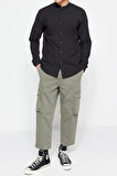 Erkek Moda Uzun Kol Dokuma Koyu Lacivert Slim Fit Basic Hakim Yaka Apoletli %100 Pamuklu Gömlek