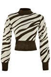 Kadın Moda Şık Crop Dik Yaka Uzun Kol Zebra Zebra Desenli Crop Triko Kazak