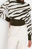 Kadın Moda Şık Crop Dik Yaka Uzun Kol Zebra Zebra Desenli Crop Triko Kazak