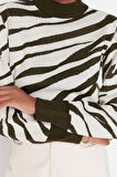 Kadın Moda Şık Crop Dik Yaka Uzun Kol Zebra Zebra Desenli Crop Triko Kazak