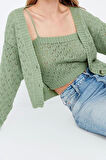 Kadın Moda Şık Crop V Yaka Uzun Kol Ajurlu Delikli Crop Triko Hırka