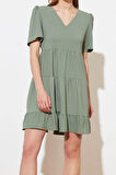 Yeni Regular Casual Günlük Aerobin Dokuma V Yaka Kısa Kol Shift Mini Boy Elbise