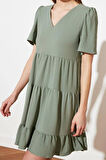 Yeni Regular Casual Günlük Aerobin Dokuma V Yaka Kısa Kol Shift Mini Boy Elbise