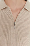 Kadın Moda Şık Crop Polo Yaka Slim Crop Fermuarlı Triko Hırka