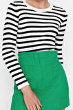 Kadın Moda Şık Regular Bisiklet Yaka Uzun Kol Çizgili Basic Triko Kazak