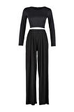Kadın Moda Şık Bisiklet Yaka Geniş Paça Uzun Kol Viskon Örme Pijama Takımı