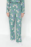 Kadın Moda Şık Gömlek Yaka Boru Paça Uzun Kol Tavşan Desenli Viskon Dokuma Pijama Takımı