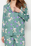 Kadın Moda Şık Gömlek Yaka Boru Paça Uzun Kol Tavşan Desenli Viskon Dokuma Pijama Takımı