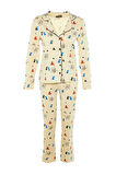 Kadın Moda Şık Gömlek Yaka Boru Paça Uzun Kol %100 Pamuklu Desenli Örme Pijama Takımı