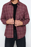 Erkek Moda Uzun Kol Dokuma Bordo Regular Fit Tek Cepli Kışlık Oduncu Kareli Gömlek