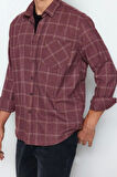 Erkek Moda Uzun Kol Dokuma Bordo Regular Fit Tek Cepli Kışlık Oduncu Kareli Gömlek