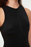 Kadın Destekli Askılı Halter Yaka Siyah Halter Yaka Fermuarlı Hipster Mayo