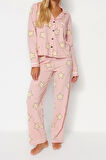 Kadın Moda Şık Gömlek Yaka Boru Paça Uzun Kol %100 Pamuklu Yıldız Desenli Örme Pijama Takımı