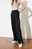 Kadın Yeni Moda Geniş Paça Regular Boy Dokuma Wide Leg Geniş Paça Yanları Düğmeli Pantolon