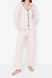Kadın Moda Şık Gömlek Yaka Geniş Paça Uzun Kol %100 Pamuklu Çizgili Biyeli Örme Pijama Takımı