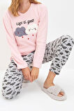 Kadın Pamuklu V Yaka Uzun Kol Pamuklu Nakışlı Örme Pijama Takımı