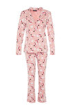 Kadın Moda Şık Gömlek Yaka Boru Paça Uzun Kol %100 Pamuk Yılbaşı Temalı Örme Pijama Takımı