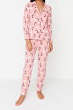 Kadın Moda Şık Gömlek Yaka Boru Paça Uzun Kol %100 Pamuk Yılbaşı Temalı Örme Pijama Takımı