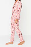 Kadın Moda Şık Gömlek Yaka Boru Paça Uzun Kol %100 Pamuk Yılbaşı Temalı Örme Pijama Takımı