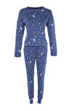 Kadın Moda Şık Bisiklet Yaka Lastikli Paça Uzun Kol %100 Pamuklu Galaksi Desenli Örme Pijama Takımı