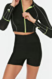 Kadın Moda Şık Üst Giyim Crop Dik Yaka Reglan Kol Fitted Kalıp Örme Fermuarlı Spor Üst Bluz