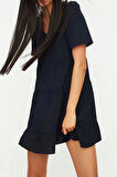 Yeni Regular Casual Günlük Aerobin Dokuma V Yaka Kısa Kol Shift Mini Boy Elbise