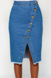 Kadın Moda Stil Midi Astarsız Denim Düğme Detaylı Yırtmaçlı Midi Denim Etek