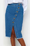 Kadın Moda Stil Midi Astarsız Denim Düğme Detaylı Yırtmaçlı Midi Denim Etek
