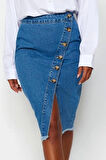 Kadın Moda Stil Midi Astarsız Denim Düğme Detaylı Yırtmaçlı Midi Denim Etek