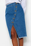Kadın Moda Stil Midi Astarsız Denim Düğme Detaylı Yırtmaçlı Midi Denim Etek