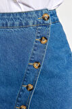 Kadın Moda Stil Midi Astarsız Denim Düğme Detaylı Yırtmaçlı Midi Denim Etek