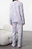 Kadın Moda Şık Gömlek Yaka Boru Paça Uzun Kol Tavşan Desenli Viskon Dokuma Pijama Takımı