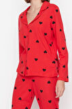 Kadın %100 Pamuk Ceket Yaka Uzun Kol %100 Pamuk Kalp Desenli Gömlek-Pantolon Örme Pijama Takımı