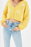 Kadın Moda Şık Crop V Yaka Regular Yumuşak Dokulu Desenli Triko Hırka