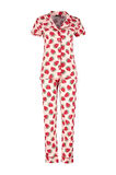 Kadın Pamuk Polyester Gömlek Yaka Kısa Kol Biye Detaylı Çilek Desenli Örme Pijama Takımı