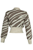Kadın Moda Şık Crop Dik Yaka Uzun Kol Zebra Zebra Desenli Crop Triko Kazak