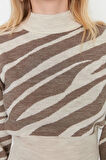 Kadın Moda Şık Crop Dik Yaka Uzun Kol Zebra Zebra Desenli Crop Triko Kazak