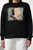 Kadın Moda Şık Bol Bisiklet Yaka Düşük Kol Uzun İnce Baskılı Normal Kesim Örme Sweatshirt