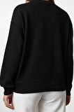 Kadın Moda Şık Bol Bisiklet Yaka Düşük Kol Uzun İnce Baskılı Normal Kesim Örme Sweatshirt