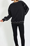 Kadın Bol Bisiklet Yaka Düşük Kol Uzun Normal Kalıp Karyoka Dikişli Kalın Polarlı Örme Sweatshirt