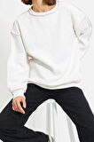 Kadın Bol Bisiklet Yaka Düşük Kol Uzun Normal Kalıp Karyoka Dikişli Kalın Polarlı Örme Sweatshirt