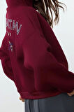 Kadın Moda Şık Relaxed Kapüşonlu Düşük Kol Crop Sırt Baskı Detaylı Kalın İçi Polarlı Örme Sweatshirt