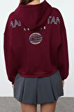 Kadın Moda Şık Relaxed Kapüşonlu Düşük Kol Crop Sırt Baskı Detaylı Kalın İçi Polarlı Örme Sweatshirt