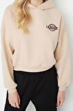 Kadın Moda Şık Relaxed Kapüşonlu Düşük Kol Crop Sırt Baskı Detaylı Kalın İçi Polarlı Örme Sweatshirt