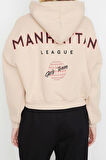 Kadın Moda Şık Relaxed Kapüşonlu Düşük Kol Crop Sırt Baskı Detaylı Kalın İçi Polarlı Örme Sweatshirt