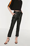 Kadın Yeni Moda Boru Paça Uzun Boy Dokuma Cigarette Suni Deri Pantolon